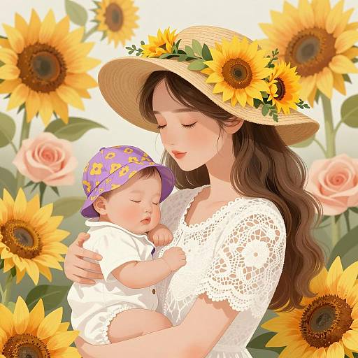 Serene Mother and Baby with Flowers