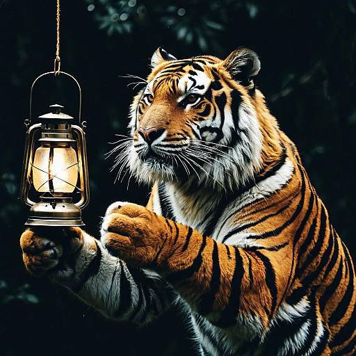 Tiger Holding Lantern in Dark Forest
