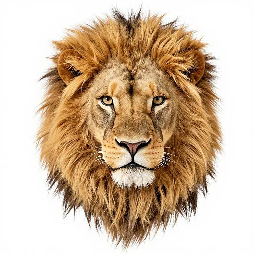 Photorealistic digital drawing of a majestic male lion's head with a full, golden-brown mane, intense amber eyes, and a white chin patch