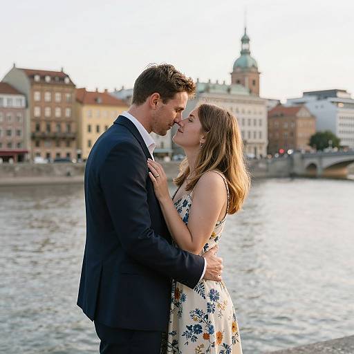 Photograph of a couple kissing by a river in an urban European city, with the man in a navy suit and the woman in a floral dress,