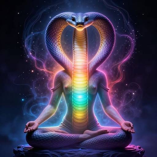 Digital art of a glowing, serpentine, female humanoid with a cobra head, seated in a lotus position, displaying a rainbow aura against
