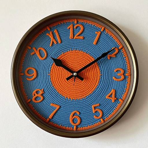 Photograph of a round clock with a blue and orange textured background, featuring black hands and bright orange numerals.