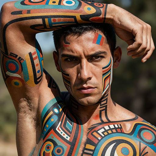 Photograph of a muscular, tan-skinned man with dark hair, covered in vibrant, abstract tribal tattoos, posing outdoors with a serious expression.