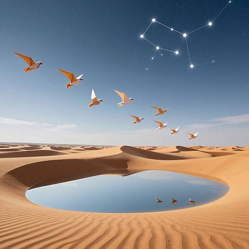 Photograph of a desert with rippling sand dunes, a circular oasis reflecting the sky, birds flying, and a constellation in the clear blue night
