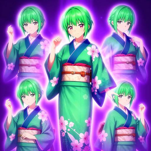 Digital anime artwork of a green-haired girl in a green kimono with pink obi, surrounded by glowing purple aura, surrounded by five mirrored poses.