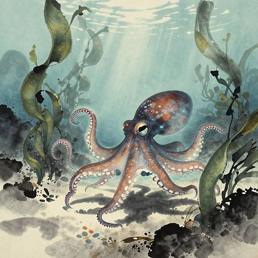 Tranquil Octopus in Ink Wash Sea