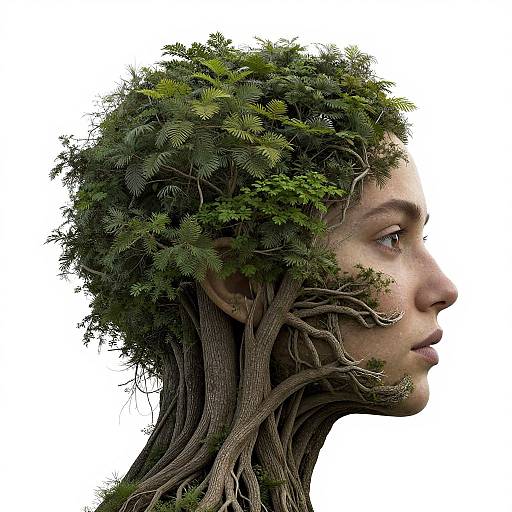 Digital artwork of a woman's profile with a tree merging into her head, featuring green foliage and twisted brown roots.