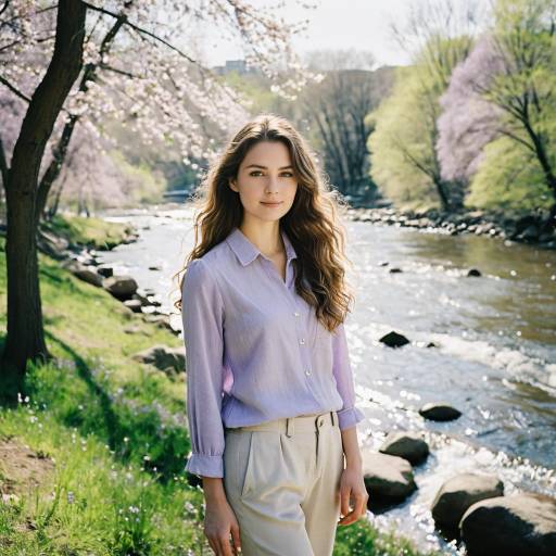 Young woman standing by riverside park in spring