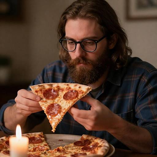 Candlelit Man Examining Pepperoni Slice