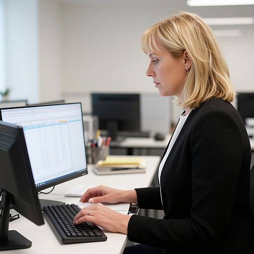 Photograph of a blonde, fair-skinned woman in a black blazer, focused on typing on a computer keyboard in a bright, modern office.