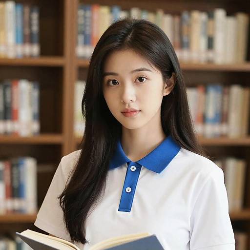 Photograph of an Asian woman with long black hair, wearing a white shirt with blue collar, holding books, standing in front of a bookshelf.