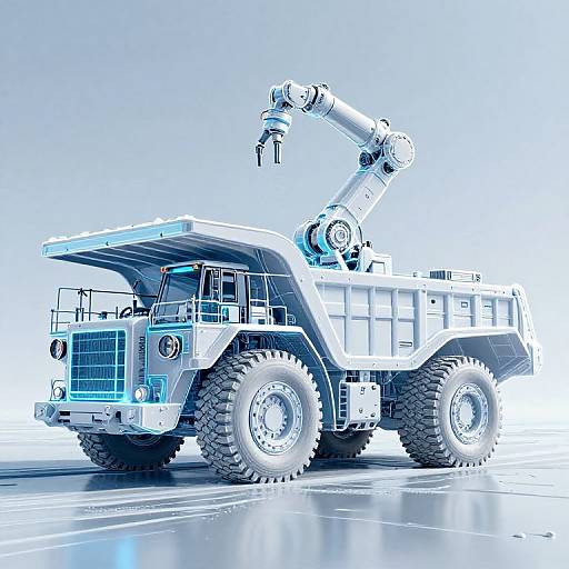 Highly detailed CGI of a massive, white, articulated dump truck with large tires and a hydraulic crane arm, set against a bright, blue-tint