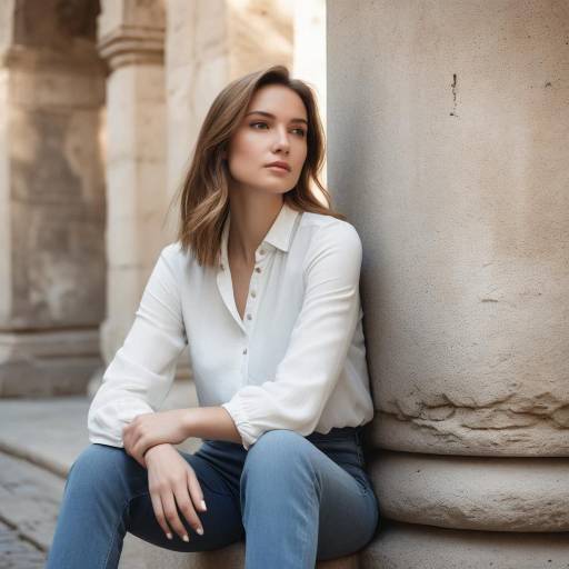 Young Woman Sitting by Stone Pillar