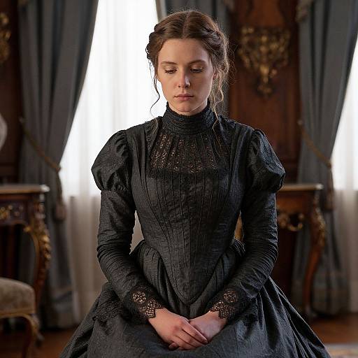 Photograph of a young woman with fair skin and brown hair in an elegant, black, Victorian-style dress with lace trim, sitting in a dimly