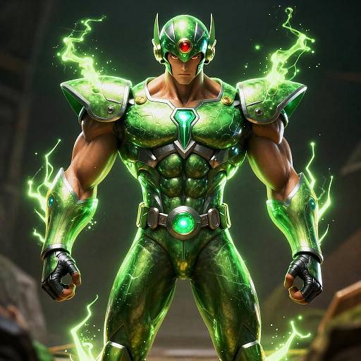 Muscular Green Armored Hero with Electric Energy