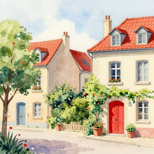 Watercolor painting of charming French-style houses with red roofs, beige walls, red doors, potted plants, and blooming trees under a bright blue