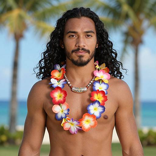 Photograph of a shirtless, muscular, tan-skinned man with long black hair, wearing a colorful hibiscus flower lei and a silver