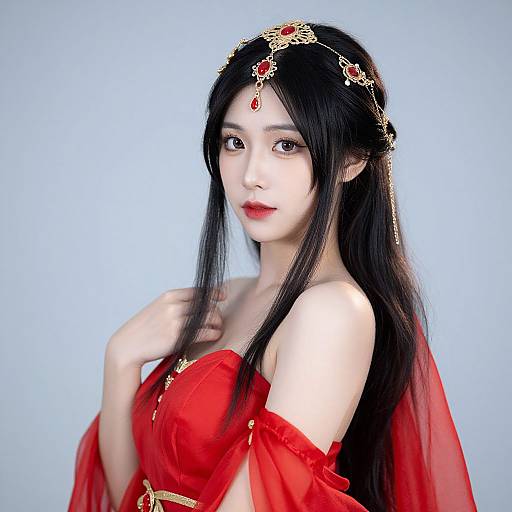 Digital artwork of an Asian woman with long black hair, wearing a red off-shoulder dress and gold tiara with red gemstones, against a