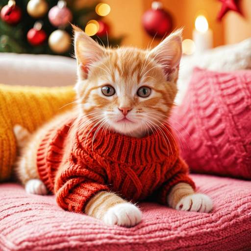 Ginger Kitten in Red Sweater on Pink Cushion
