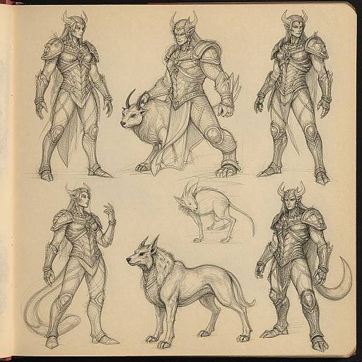 Pencil sketch of six anthropomorphic armored characters, including two wolf-like creatures and four muscular humanoid figures with horns, standing in various poses.