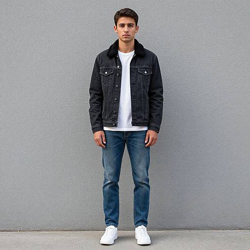 Photograph of a young man with short dark hair, wearing a black denim jacket, white t-shirt, blue jeans, and white sneakers, standing against