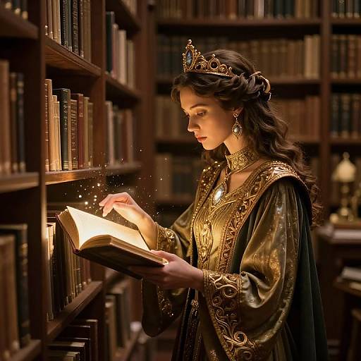 Photograph-style digital art of a regal woman with dark wavy hair, golden crown, ornate gown, reading glowing book in a dimly