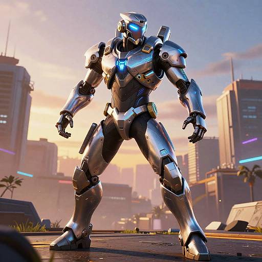 CGI image of a futuristic, silver armored robot with glowing blue accents standing in a sunset-lit, futuristic cityscape.