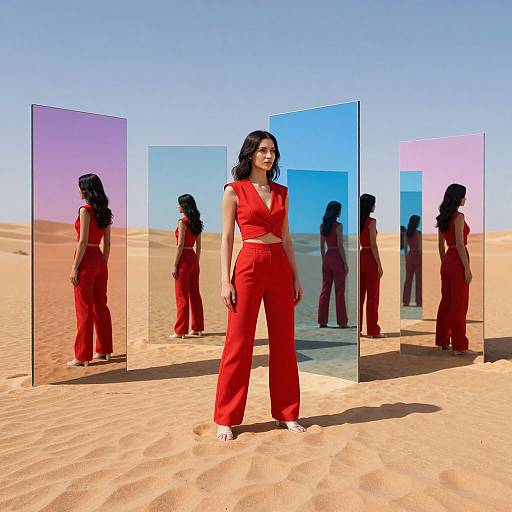 Photorealistic digital image of a dark-haired woman in a red outfit standing in a desert with multi-colored reflective glass panels.
