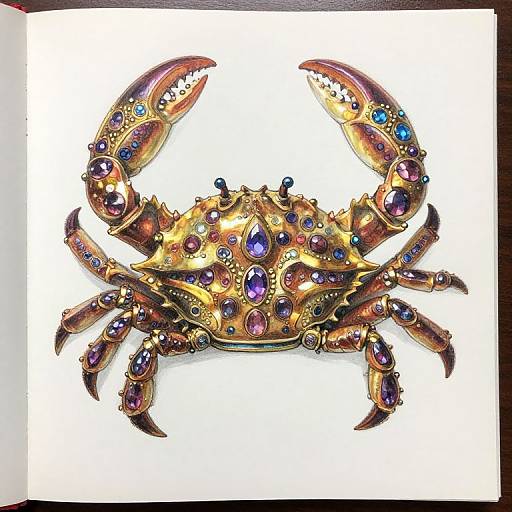 Ornate golden crab brooch with purple, blue, and pink gemstones, featuring intricate filigree patterns and jeweled accents, on a