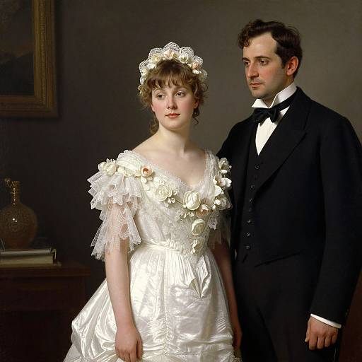 Victorian-era photograph of a fair-skinned bride in a white lace gown with floral accents, and a dark-haired groom in a black tuxedo
