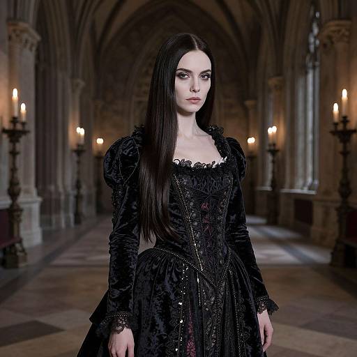 Gothic-style photograph of a pale woman with long black hair, wearing an elaborate black lace dress, standing in a dimly lit, candlelit