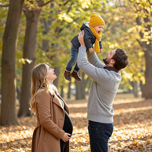 Photograph of a bearded man in a gray sweater lifting a smiling child in a yellow hat and coat, with a pregnant woman in a brown coat