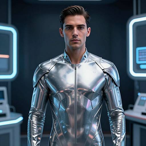 CGI image of a handsome man with short dark hair, wearing a shiny, metallic silver futuristic bodysuit, standing in a dimly lit,