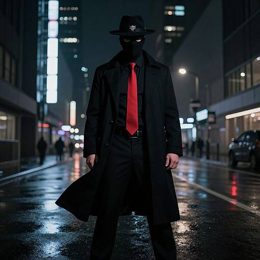 Photograph of a mysterious figure in a black coat, red tie, and hat, with glowing eyes, standing on a rainy, neon-lit city