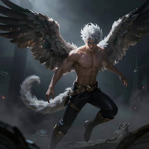 Mysterious Man with Wings in Shadows