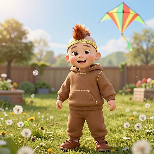 CGI image of a smiling toddler with a brown hoodie, brown pants, and a tufted beanie, standing in a sunny garden with d