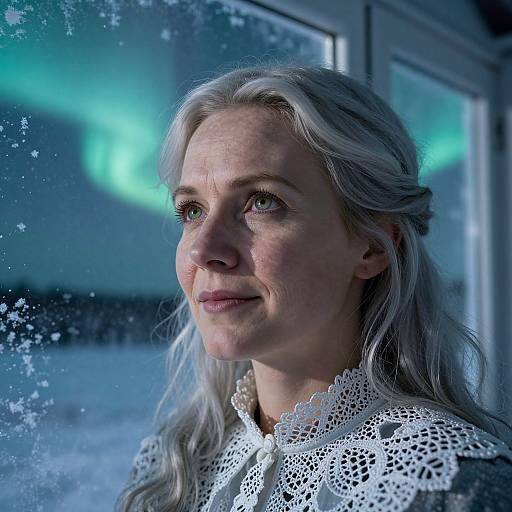 Photograph of a fair-skinned woman with long, silver hair, wearing a white lace collar, gazing at the Northern Lights through a window.
