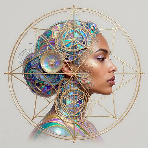 Digital artwork of a serene, dark-skinned woman with iridescent, holographic hair, profile view, surrounded by intricate golden geometric patterns.
