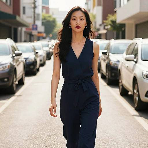 Confident Asian woman walking in navy blue jumpsuit