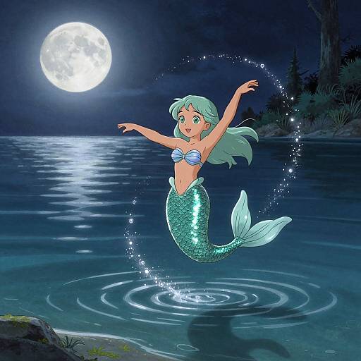 Digital illustration of a green-haired mermaid with a shimmering green tail, wearing a blue-striped shell bikini, dancing in a moonlit lake, with