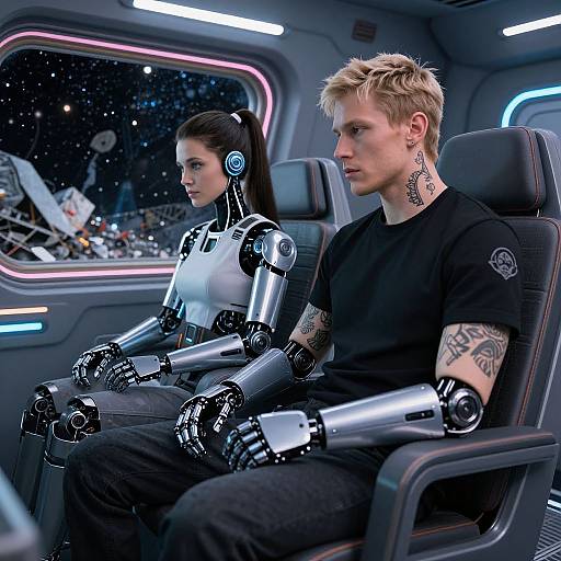 Photograph of a blonde man and a robotic woman with metallic arms, sitting in futuristic spaceship seats, looking ahead. Both wear black shirts. Neon lights