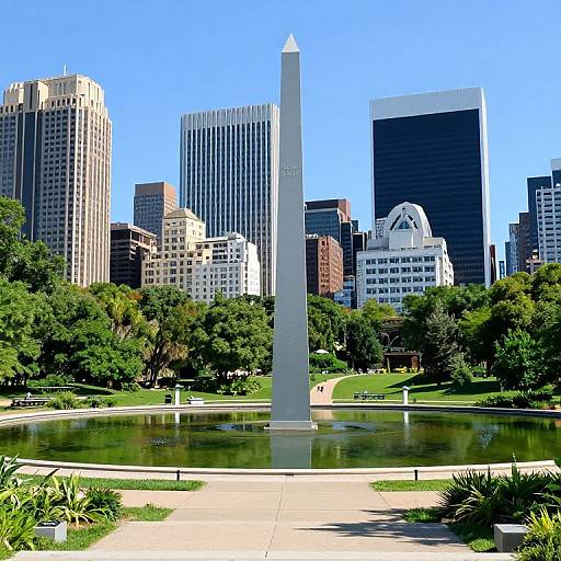 Photograph of a tall, white obelisk in a circular pond, surrounded by greenery, with a city skyline of tall buildings in the background