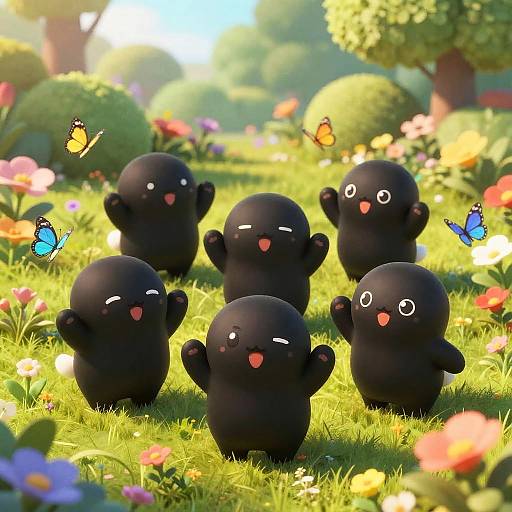 Digital artwork of six black, cute, round creatures with white eyes and pink hearts in a vibrant, sunny garden with colorful flowers and fluttering butterflies.