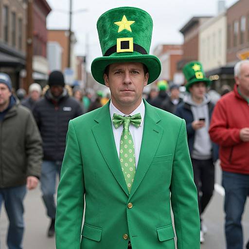 Photograph of a man in a green suit, bowtie, and top hat with a yellow star and black buckle, standing in a bustling street parade
