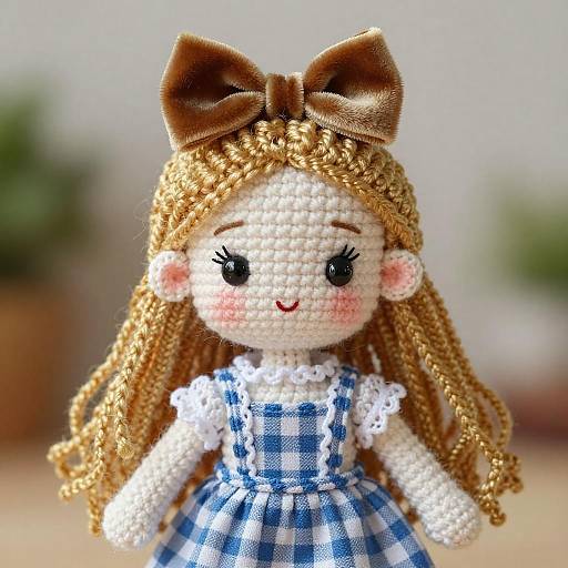 Crocheted doll with long golden braids, blue checkered dress, white lace collar, brown bow, pink cheeks, and black eyes. Bl