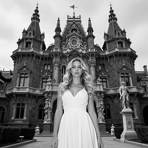 Black-and-white photograph of a blonde woman in a white dress, standing in front of an ornate, gothic-style castle with statues.