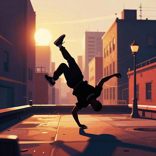 Silhouetted urban dancer mid-flip at sunset, casting dramatic shadows on a city street with warm, golden light and tall buildings.