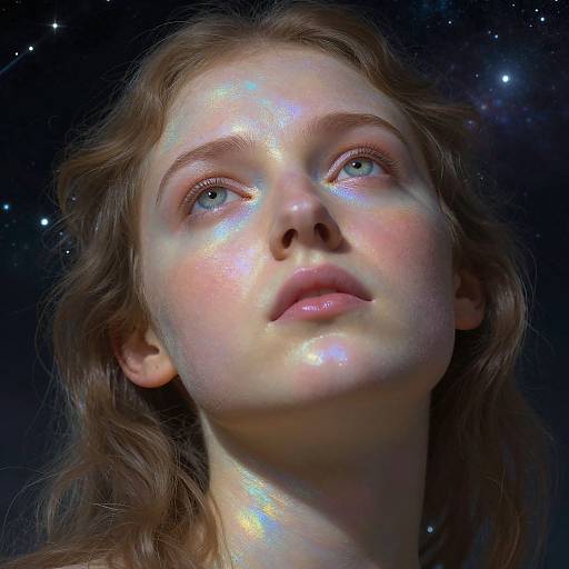 Digital portrait of a young woman with glowing, ethereal skin, blue eyes, and wavy brown hair, looking upward against a starry night sky