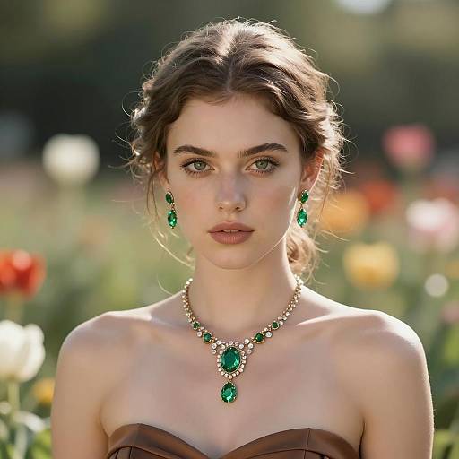 Elegant Woman with Green Jewelry Outdoors