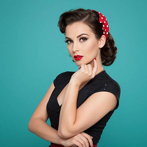 Vintage-style photograph of a fair-skinned woman with dark, wavy hair, red polka-dot headband, black dress, red lipstick, and